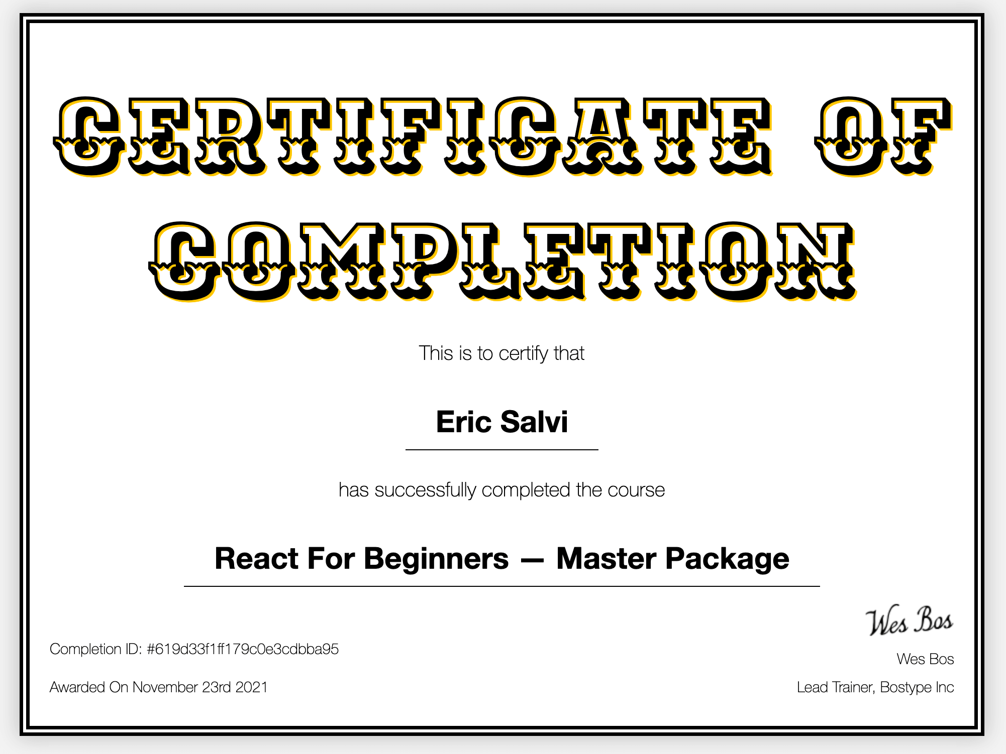 certification of react for beginners for Eric Salvi